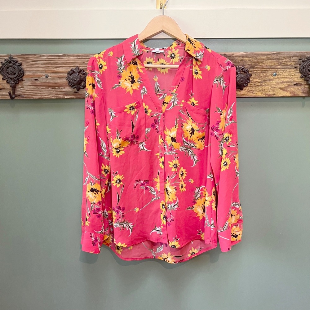 Express Portofino Slim Red Floral Sunflower Long Sleeve Button Down Shirt M